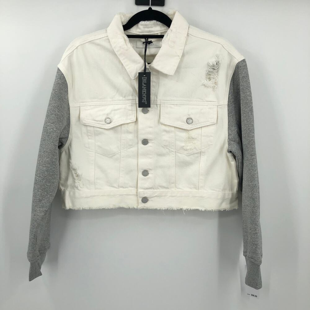 Blank NYC White Gray Button Distressed Final Mission Crop Denim Trucker Jacket